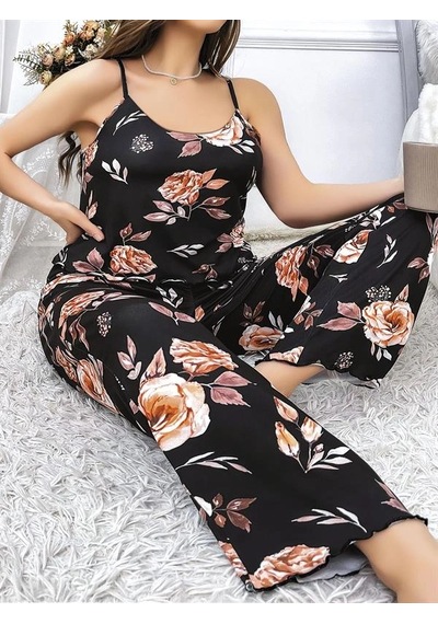Kapsulavm Arias Closet Büyük Beden Siyah Üstüne Çiçek Desenli İnce Askılı 2'li Pijama Takımı