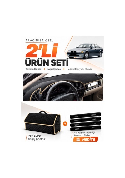 E-biz Bmw E36 1990-2000 Uyumlu Torpido Örtüsü + Tay Tüyü Bagaj Çantası Seti - Siyah-bej - Bm001