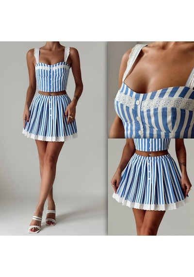 Fashion Cocktail Santorini Marin Renk Sırt Lastikli Pamuklu Dantelli Çizgili Şirin Yazlık Etek Krop Takım Mavi Mavi Fashion Cocktail Santorini Marin Renk Sırt Lastikli Pamuklu Dantelli Çizgili Şirin Yazlık Etek Krop Takım Mavi Mavi