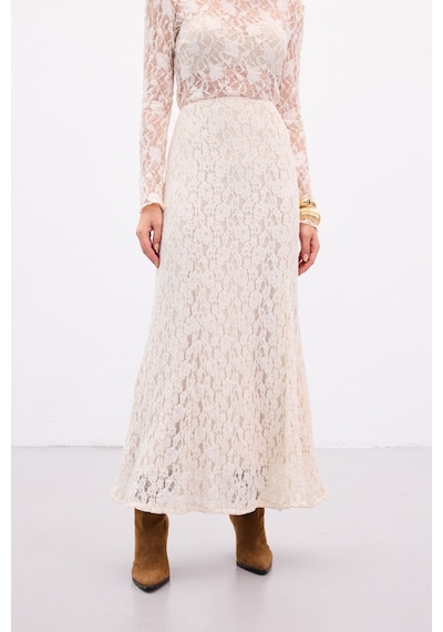 Sateen Dantelli Uzun Etek - Bej-136892 Bej