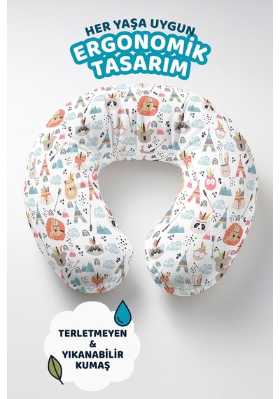 Çizimli Hayvan Figürlü Pamuklu Boyun Yastığı - Sevimli Tribal Desen Beyaz Mavi Seyahat Yastığı Pastel Toprak Somon