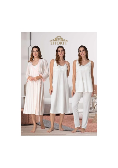 Effortt Dvina Lohusa Hamile Gecelik, Çizgili Sabahlıklı Ve Pijama Takımı Set - 4'lü Takım - Ekru Ekru