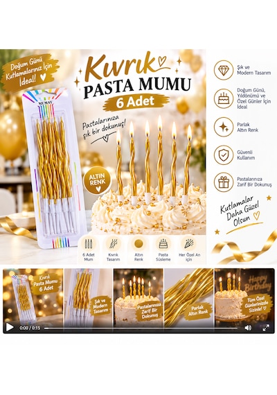 6'lı Kıvrımlı Altın Pasta Mumu Tüm Yaşlar