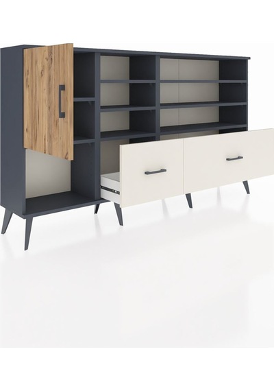 Arges Konsol 8 Raflı 2 Çekmeceli Tek Kapaklı 176x30x99 Antrasit-çam/aytaşı Atlas Çam/aytası - Antrasıt