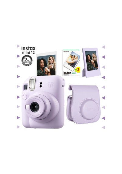 Fujifilm Instax Mini 12 Fotoğraf Makinesi + 20'li Film + Çerçeve + Deri Kılıf Seti Lila