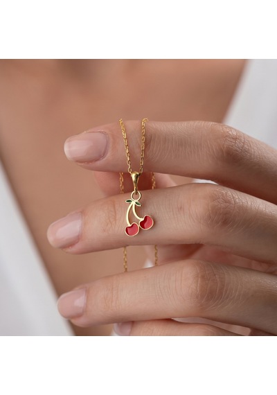 925 Ayar Gümüş Altın Kaplama Kırmızı Mineli Kiraz Kolye Gold