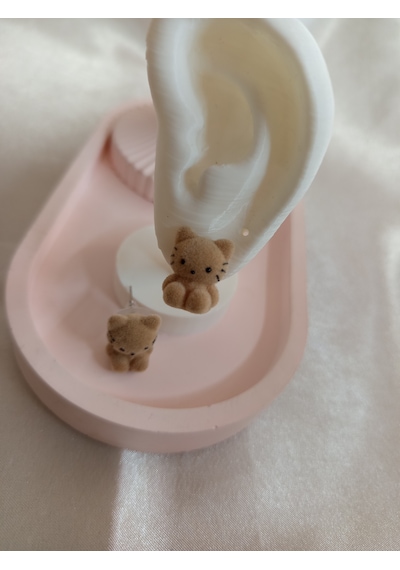 Açık Kahverengi Peluş Kedili Küpe