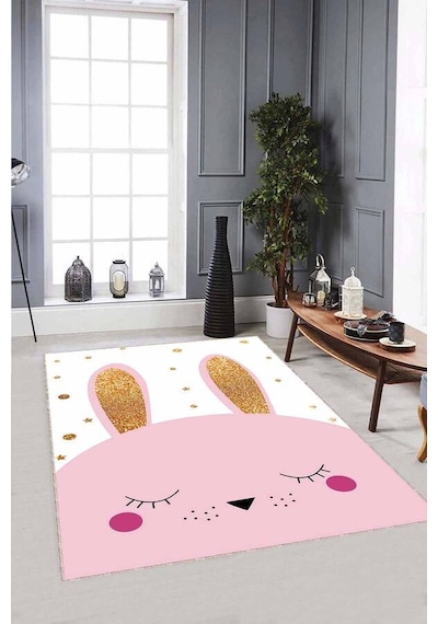 Pembe Yıkanabilir Kaymaz Tabanlı Tavşanlı Bebek Halısı Ar826n11