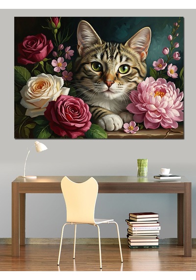 Güller Arasında Şirin Kedi Portresi Dekoratif Kanvas - Mdf Ahşap Tablo