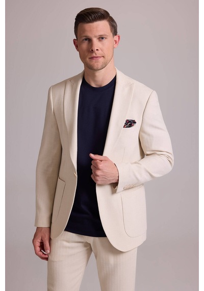 Erkek Krem Slim Fit Sivri Yaka Takım Elbise