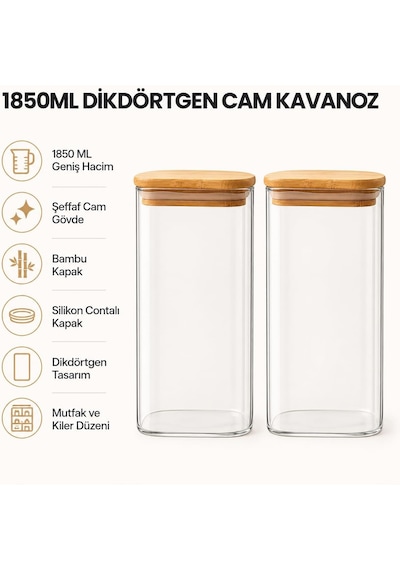 Tr 2'li 1850 Ml Dikdörtgen Cam Kavanoz Seti, Bambu Kapaklı Hava Geçirmez Erzak Saklama Kabı, Makarna Kahve Bakliyat Genel