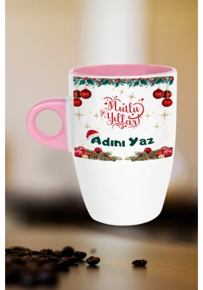 Kişiye Özel Yılbaşı İsim Baskılı Kupa Bardak Porselen Latte Filtre Kahve Fincanı Pembe