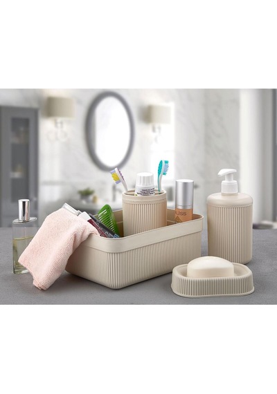 Krem 4 Parça Banyo Seti Diş Fırçalık Sıvı Sabunluk Katı Sabunluk Ve Banyo Düzenleyici Siyah