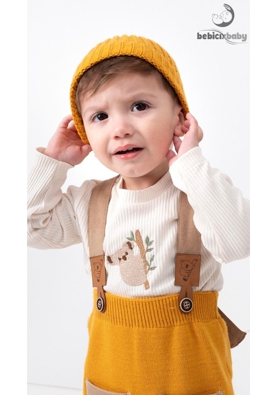 Bebicix Triko Askılı Koala Temalı Kaşkorse Esnek Badili Bereli Unisex Bebek Takım HARDAL