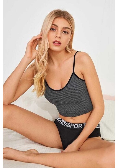 Moda Dua Kadın Anstrasit Gri İp Askılı Crop Top Bluz