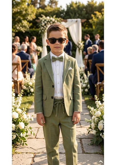Baby Kids Colors Erkek Çocuk Flamlı Keten Salaş Ceketli Takım Elbise / Gömlek Pantolon Ceket Papyon Keten Takım Yeşil