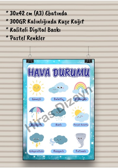 Hava Durumu Afişi Eğitici Çocuk Posteri Okul Öncesi İlkokul Sınıf Duvar Panosu Öğretmen Materyali 30x42cm A3 Kalın Kuşe Kağıt