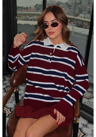Bordo Çizgili Düğmeli Polo Yaka Kadın Triko Kazak Mg2280 Bordo