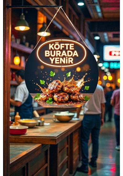 Köfte Burada Yenir Görselli İpli Ahşap Duvar Kapı Tablosu, Köfteci, Restoran, Cafe Süs Dekoru