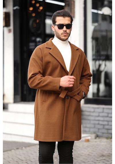 Mero Life Erkek Taba Kemerli Oversize Rahat Kesim Kaşe Kaban Taba