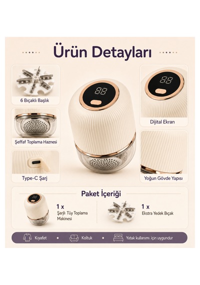 Şarjlı Tüy Toplama Makinesi 6 Bıçaklı Dijital Ekranlı