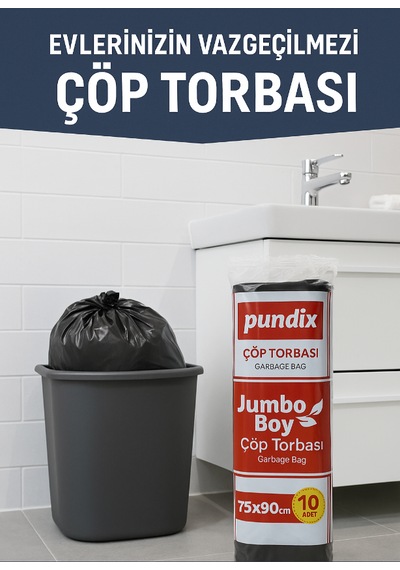 Pundix Pundıx Battal Boy Çöp Torbası 75x90 Cm 10 Lu Rulo Opp Ambalajlı Toplam 3 Kg Dayanıklı, Sızdırmaz Ve Geniş Hacimli Çöp Poşeti
