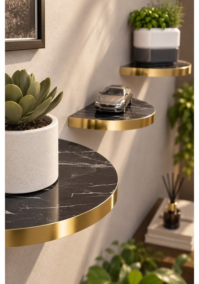 Sulorahome 3'lü Oval Duvar Rafı Siyah Mermer Desenli Gold Kenarlı