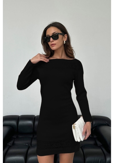 Aqe Fashion Kadın Kayık Yaka Yakası Dantel Detaylı Mint Triko Elbise Siyah