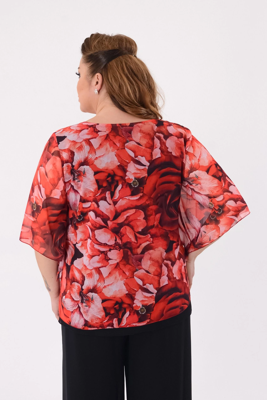 Lilas Xxl Büyük Beden Kırmızı Çiçekli Şifon Abiye Bluz Kırmızı