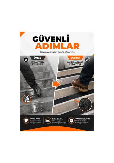 50mm X 5 Metre Siyah Kaydırmaz Bant Güçlü Yapışkanlı Merdiven, Rampa Ve Islak Zemin Güvenlik Bandı