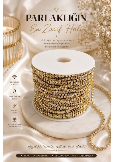Şerit Taş Ss16 Gold 3 Metre Boncuk-kristal Taşlı Gold Zincir Şerit Parlak Takı Ve Aksesuar Zinciri Beyaz