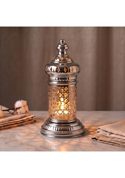 Beyaz Geometrik Metal Fener Selçuklu Yıldızı Çay Feneği Tutucu Minimalist Fas Mum Dekorasyonu Gümüş