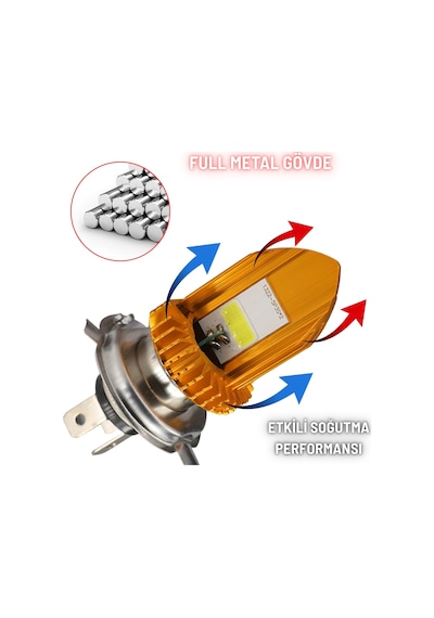 H4 Motosiklet Led Far Ampul 12-24v Beyaz 1 Adet 12w 1200lm Metal Gövde Soğutma