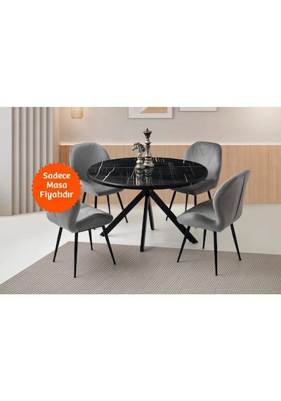 Ahşap Yuvarlak Açılır Büyüyen Yemek Masası Siyah Mermer Desen 70 x 120 CM