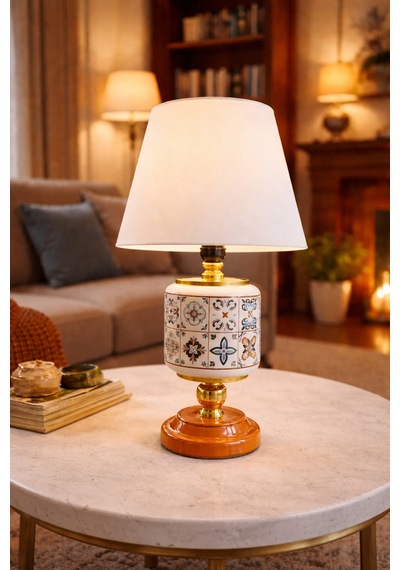 Abajur - Oval Ceramic Desen Beyaz Şapka Gold Beyaz - Kahverengi