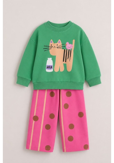 Monila Kız Çocuk Yeşil Kedi Baskılı Pamuklu Sweatshirt Ve Pembe Puantiyeli Eşofman Alt Üst Takım