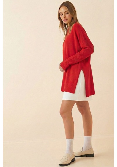 Onno Style Women Düz Triko Standart Panço Kırmızı