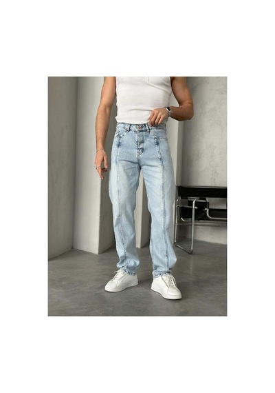 More Black Tasarım Kar Yıkamalı Dikişli Baggy Pantolon Mavi