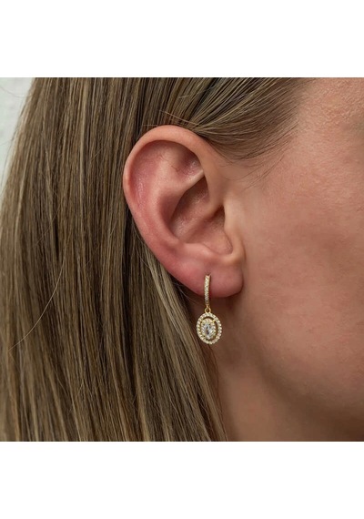 Gümüş Gold Oval Taşlı Sallantılı Küpe Çok Renkli