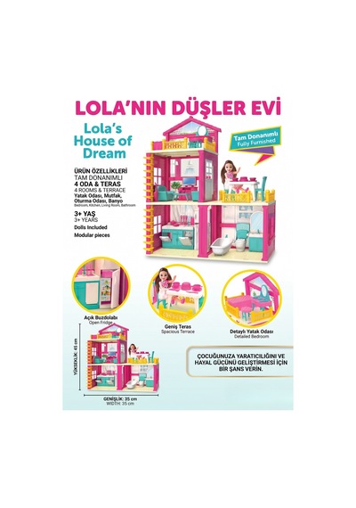 Lola'nın Düşler Evi - Tam Donanımlı, Bebekli Ve Eşyalı 4 Odalı Kız Çocuk Evcilik Seti