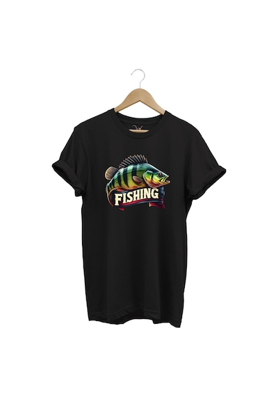 Fishing Balıkçılık Baskılı Levrek Balığı %100 Pamuk Regular Fit Bisiklet Yaka Siyah T-shirt Siyah