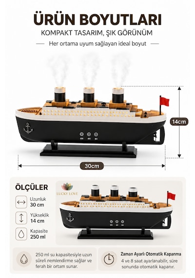 Gemi Tasarımlı 250 Ml Led Işıklı Aromaterapi Hava Nemlendirici Buhar Makinesi Uzaktan Kumandalı Zaman Ayarlı