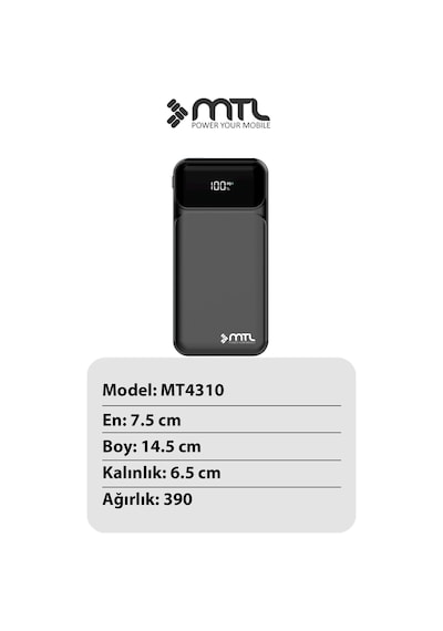 10000 Mah 22.5w Süper Hızlı Şarj Dahili Kablolu Dijital Led Göstergeli Pd Ve Qc 3.0 Powerbank Mt4310 Siyah