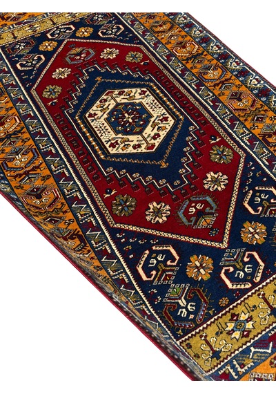 El Dokuması Yahyalı Halısı 122x210 Kök Boyası Kırmızı Lacivert %100 Yün Halı Renkli