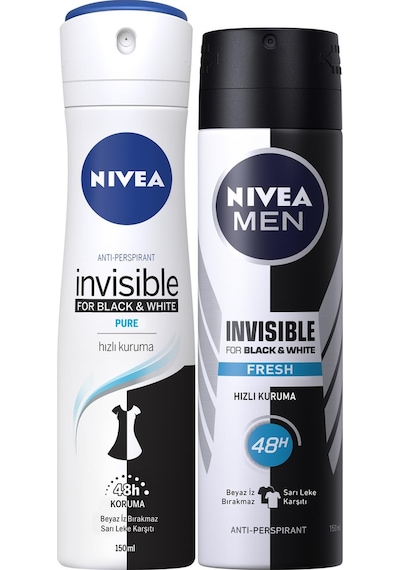 Nivea Black & White Pure Kadın Sprey Deodorant 150 ML + Black & White Fresh Erkek Sprey Deodorant 2 x 150 ML