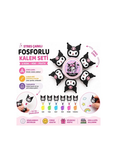 Kuromi Figürlü Stres Çarklı 6 Renk Mini Fosforlu Kalem Seti Siyah Siyah