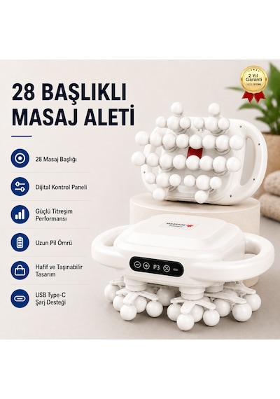28 Başlıklı Masaj Aleti Dijital Kontrollü Güçlü Motorlu Vücut Masaj Cihazı-1744 Gri