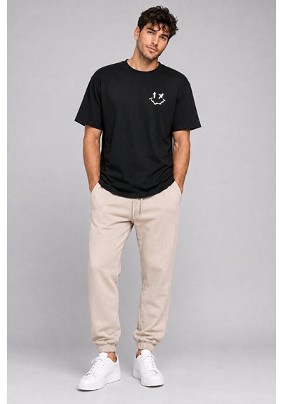 Nevermind Sevgili Kombini Smiley Baskılı Çift Tişört Oversize Unisex %100 P Siyah