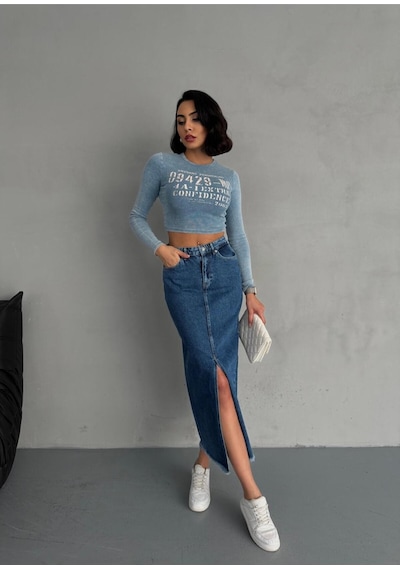 Zeo Basic Maxi Boy Koyu Mavi Denım Etek Mavi