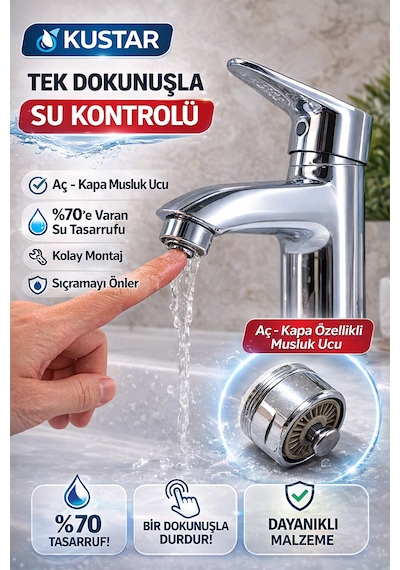 Aç-kapa Musluk Ucu Su Tasarruf Aparatı Musluk Filtresi Lavabo Musluk Süzgeci Dış Dişli 23,7mm Krom